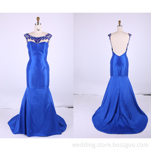 Blue Chiffon Scoop Neck Sheath Evening Dresses 2015 Backless Floor Length Prom Dress